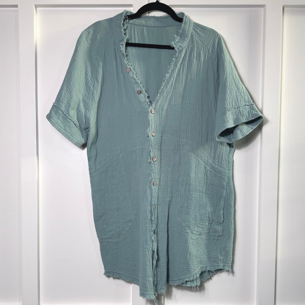 Womens Sage Green 100% Cotton Double Gauze Short Sleeve Frayed Hem Tunic Top L